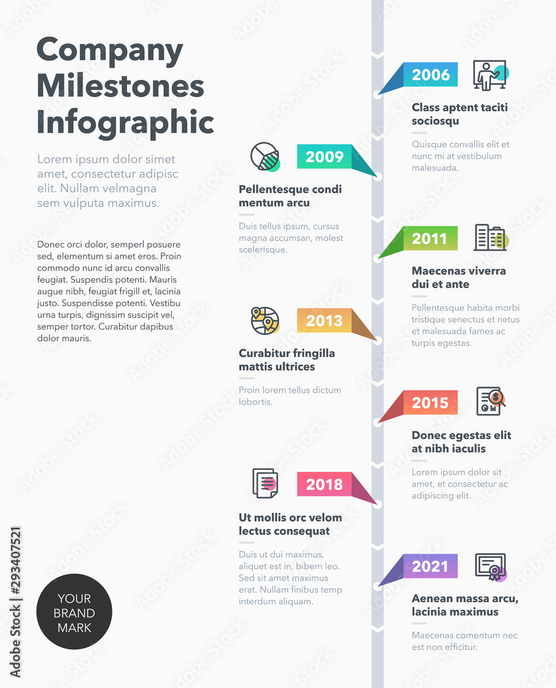 Poster Moderm business infographic for company milestones timeline template with line icons. Easy to use for your website or presentation.