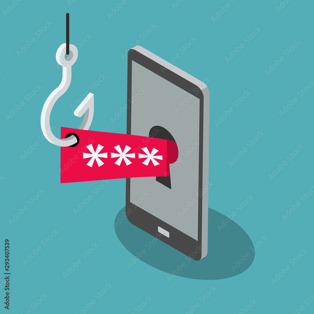 Aufkleber phishing scam vector symbol with cell phone, red security password and fishing hook isolated on blue