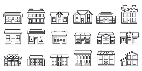 Cottage house icons set. Outline set of cottage house vector icons for web design isolated on white background
