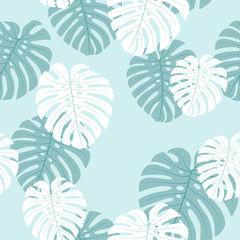 Monstera seamless pattern. Tropical background in pastel colors.
