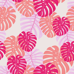 Monstera seamless pattern. Tropical background in bright colors.
