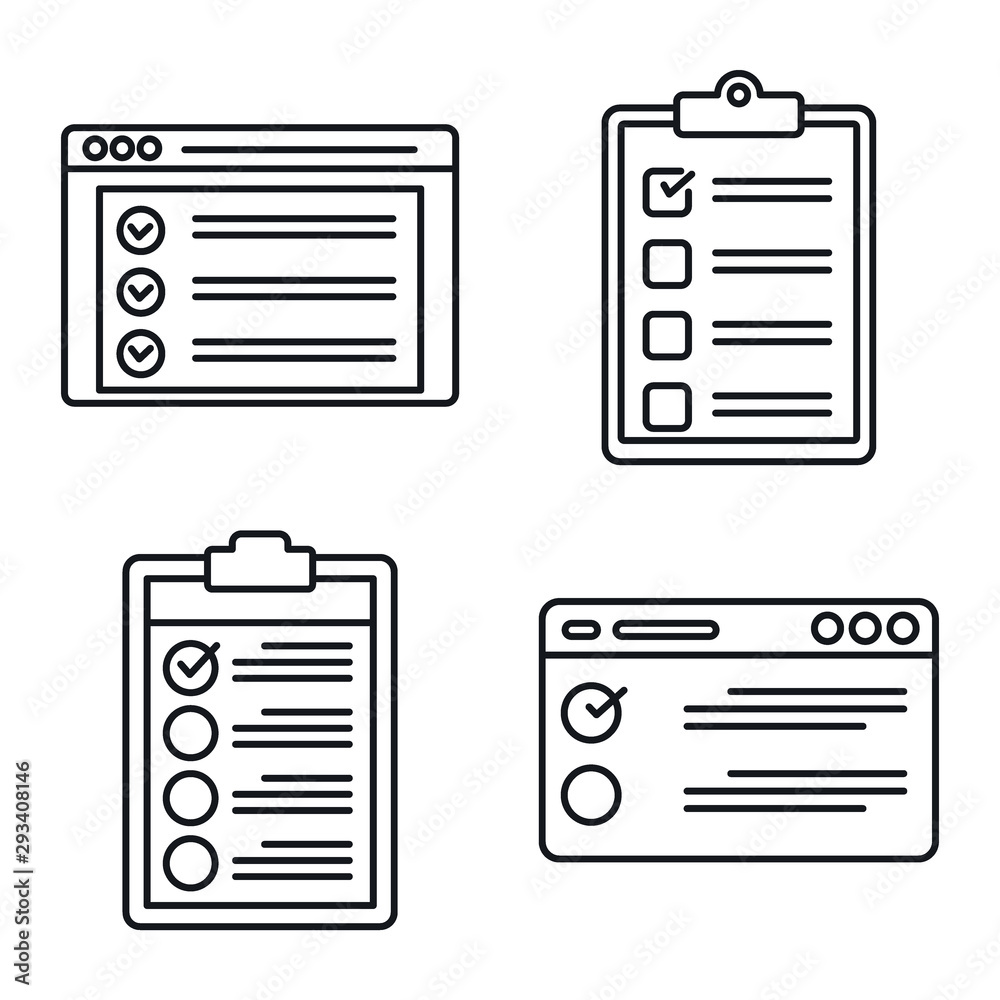 Poster checklist test icons set. outline set of checklist test vector icons for web design isolated on whit