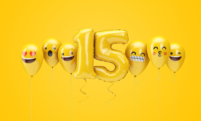 Number 15 yellow birthday emoji faces balloons. 3D Render