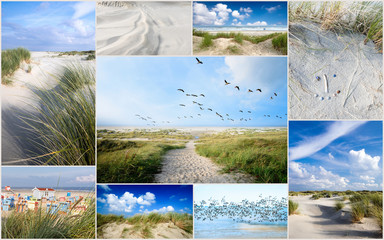 Collage of different photos of the North Sea island Langeoog in Germany:  traditional baltic beach chars, ducks, seagull, dune beach with blue sky, clouds, sand and grass on a beautiful summer day