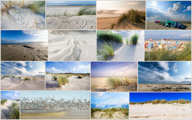 Collage of different photos of the North Sea island Langeoog in Germany:  traditional baltic beach chars, ducks, seagull, dune beach with blue sky, clouds, sand and grass on a beautiful summer day