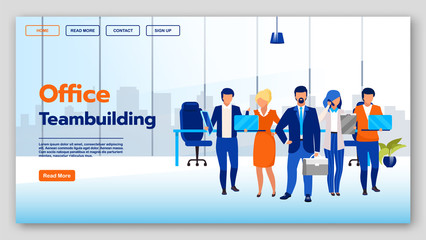 Office team building landing page vector template. Business website interface idea with flat illustrations. Coworking courses homepage layout. Teamwork training web banner, webpage cartoon concept