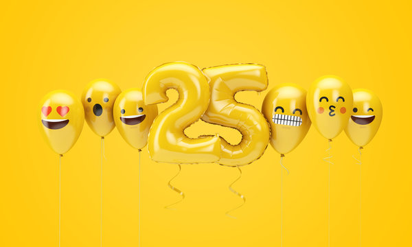 Number 25 yellow birthday emoji faces balloons. 3D Render