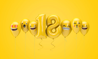 Number 18 yellow birthday emoji faces balloons. 3D Render