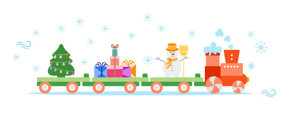 Naklejka premium Train carries Christmas tree, snowman, gifts.
