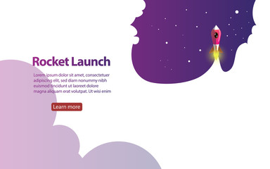 Rocket ship in a flat style.Vector illustration with 3d flying rocket.Space travel to the moon.Space rocket launch.Project start up and development process.Innovation product creative idea.Management.
