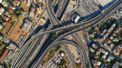 Aerial photo of Attiki Odos multilevel junction highway leading to Athens International Airport...