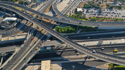 Aerial photo of Attiki Odos multilevel junction highway leading to Athens International Airport Eleftherios Venizelos, Attica, Greece