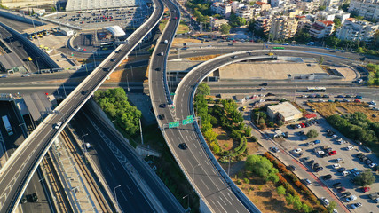 Aerial photo of Attiki Odos multilevel junction highway leading to Athens International Airport Eleftherios Venizelos, Attica, Greece