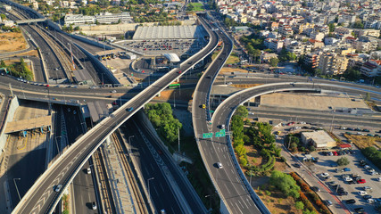 Fototapeta na wymiar Aerial photo of Attiki Odos multilevel junction highway leading to Athens International Airport Eleftherios Venizelos, Attica, Greece
