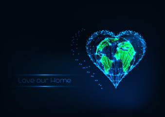 The planet Earth conservation concept with futuristic glow low polygonal world map inside of heart