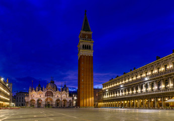 Night view of Basilica di San Marco and Campanile on piazza San Marco in Venice, Italy. Architecture and landmark of Venice. Night cityscape of Venice. - obrazy, fototapety, plakaty