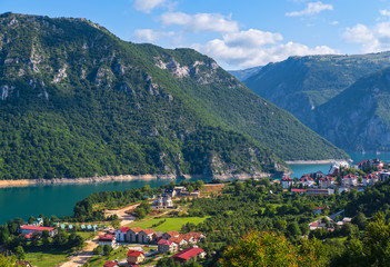 Piva Lake (Pivsko Jezero) and Pluzine town view in Montenegro.