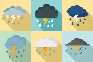 Thunderstorm icons set. Flat set of thunderstorm vector icons for web design