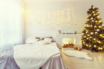 Classic Interior room decorated in Christmas style with Christmas tree and gifts