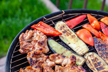 Assortment of fresh healthy colored vegetables, chicken meat grilled on BBQ grilling over a hot fire coals against green grass on barbeque. Concept summer party, making lunch at nature
