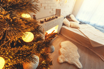 Interior room decorated in Christmas style. No people. Neutral colors. Home comfort of modern home....