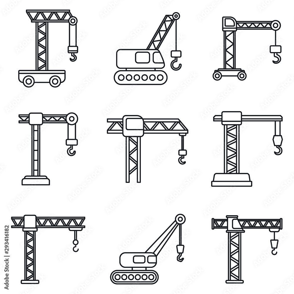 Poster building crane icons set. outline set of building crane vector icons for web design isolated on whit