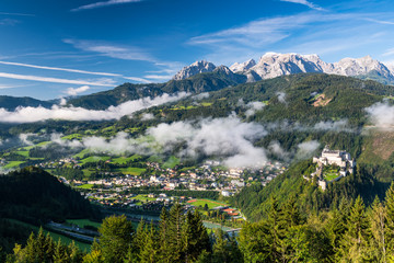 Fototapeta na wymiar Hohenwerfen Castle in Austria. Panoramic View Over Castle and Village in Valley