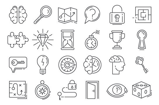 Quest icons set. Outline set of quest vector icons for web design isolated on white background