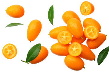 Cumquat or kumquat with leaves isolated on white background. top view