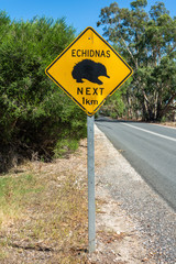 Naklejka premium ‘Echidnas Crossing. Next 1km’ road sign in Australia.