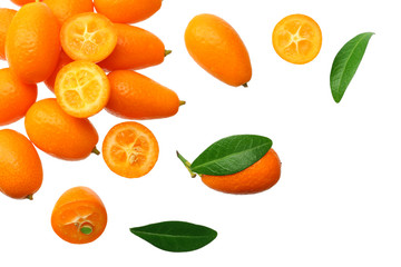 Cumquat or kumquat with leaves isolated on white background. top view