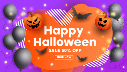 Halloween sale banner with scary faces of pumpkins, bats and a ghostly balloon on purple background. Special seasonal offer.