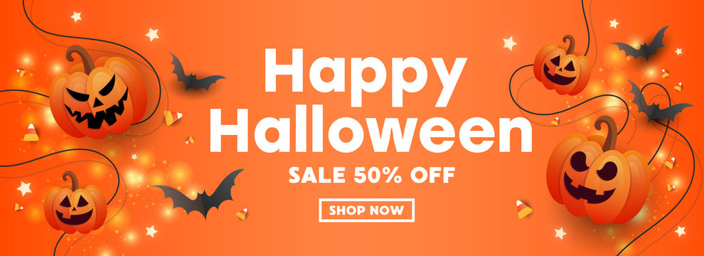 Happy Halloween sale banner with pumpkins, stars and bats on orange background.