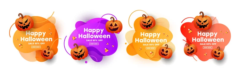 Sierkussen Creative modern set banners for halloween celebration with scary face of pumpkins gold stars. Special seasonal offer. © Shi 