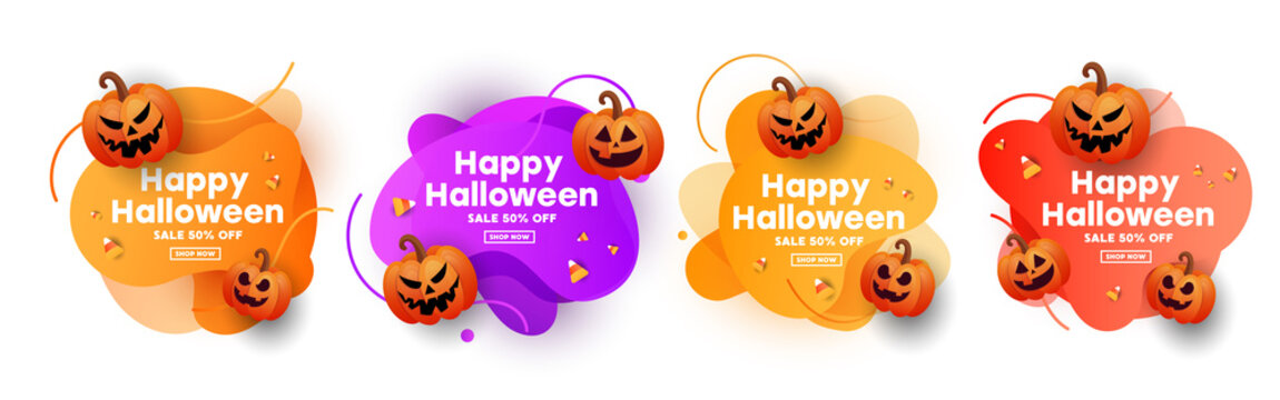 Creative modern set banners for halloween celebration with scary face of pumpkins gold stars. Special seasonal offer.