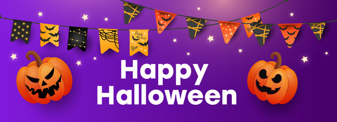 Happy Halloween Sale vector banner with lettering and holiday symbols pumpkin, colored garlands and candy on gradient purple background. Can be used for banner, voucher, offer, coupon, holiday sale.
