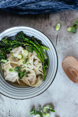 Chinese pork and shrimp wonton soup with broccolini 