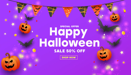 Happy Halloween Sale banner with text, symbols pumpkin, colored garlands and candy on gradient background.