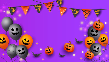 Halloween Sale banner with symbols pumpkin, colored garlands and candy on gradient orange background. Can be used for banner, voucher, offer, coupon, holiday sale.