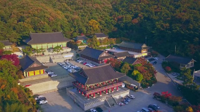 Aerial video of Gakwonsa temple during Autumn season, South Korea.
