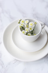 White plate, saucer and cup with flowers on a marble background. Minimalism.