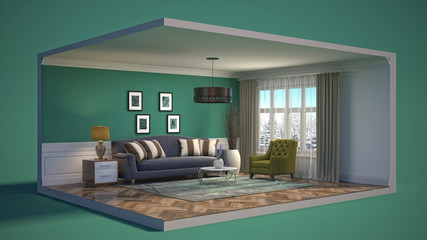 Interior of the living room in a box. 3D illustration