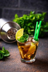 Cuba libre cocktail with mint and lime