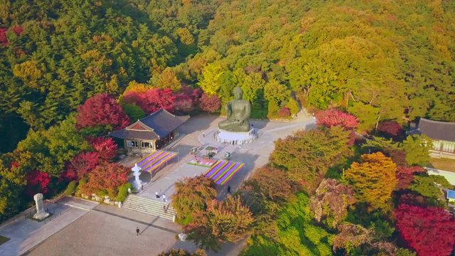 Aerial video of Gakwonsa temple during Autumn season, South Korea.
