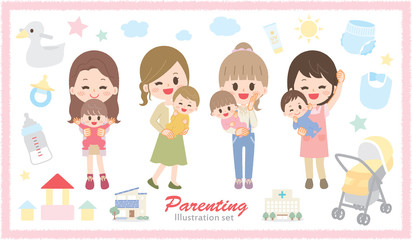 Illustration set of young woman raising baby with baby items