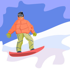 Snowboarder against a background of a mountain landscape. Hand drawn vector illustration. Isolated design elements