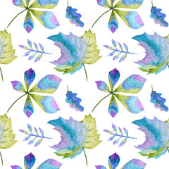 Fototapeta na wymiar Seamless pattern Watercolor Bright Autumn leaves. Green, blue and purple colors Hand Drawn Autumn leaf on a white background. Greeting card Poster concept. Paper, fabric texture.