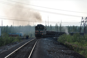 Fototapeta na wymiar A freight train carries iron ore from a mine, Norilsk, Russia.