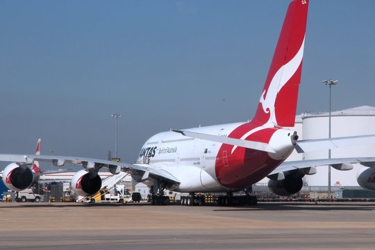 LONDON, UK - APRIL 16, 2014: Qantas Airbus A380 at London Heathrow airport. Qantas is the flag carrier of Australia and has 12 A380s in fleet.