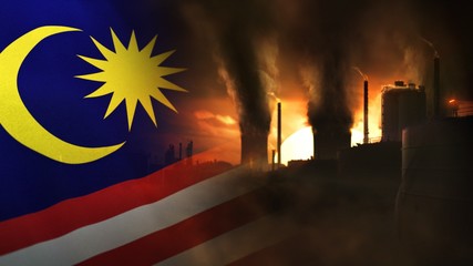 scenic wide concept animation shot of heavy industry causing climate change and pollution. golden sunset and dark black clouds, silhouettes of chimneys and industrial buildings and flag of Malaysia
